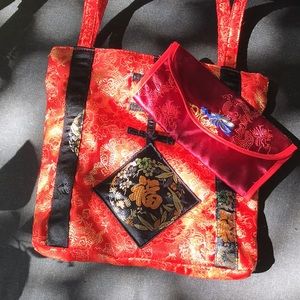 Vintage Chinoiserie red tote purse w/ red & burgundy wallet